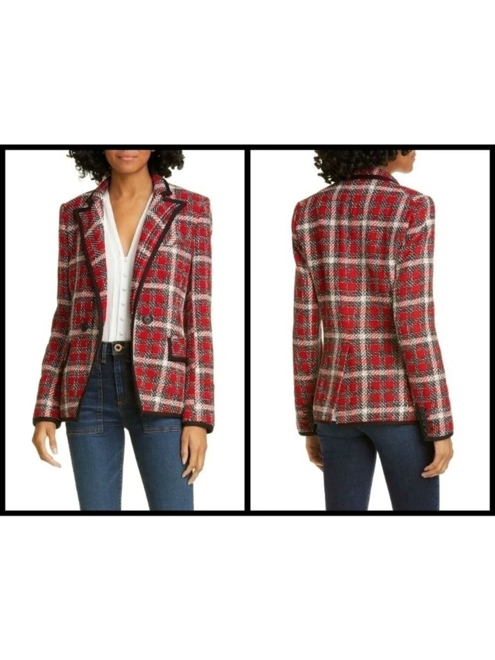 Veronica Beard Harriet Red Black Tweed Double Breasted Dickey Blazer Jacket 4 - Picture 14 of 16
